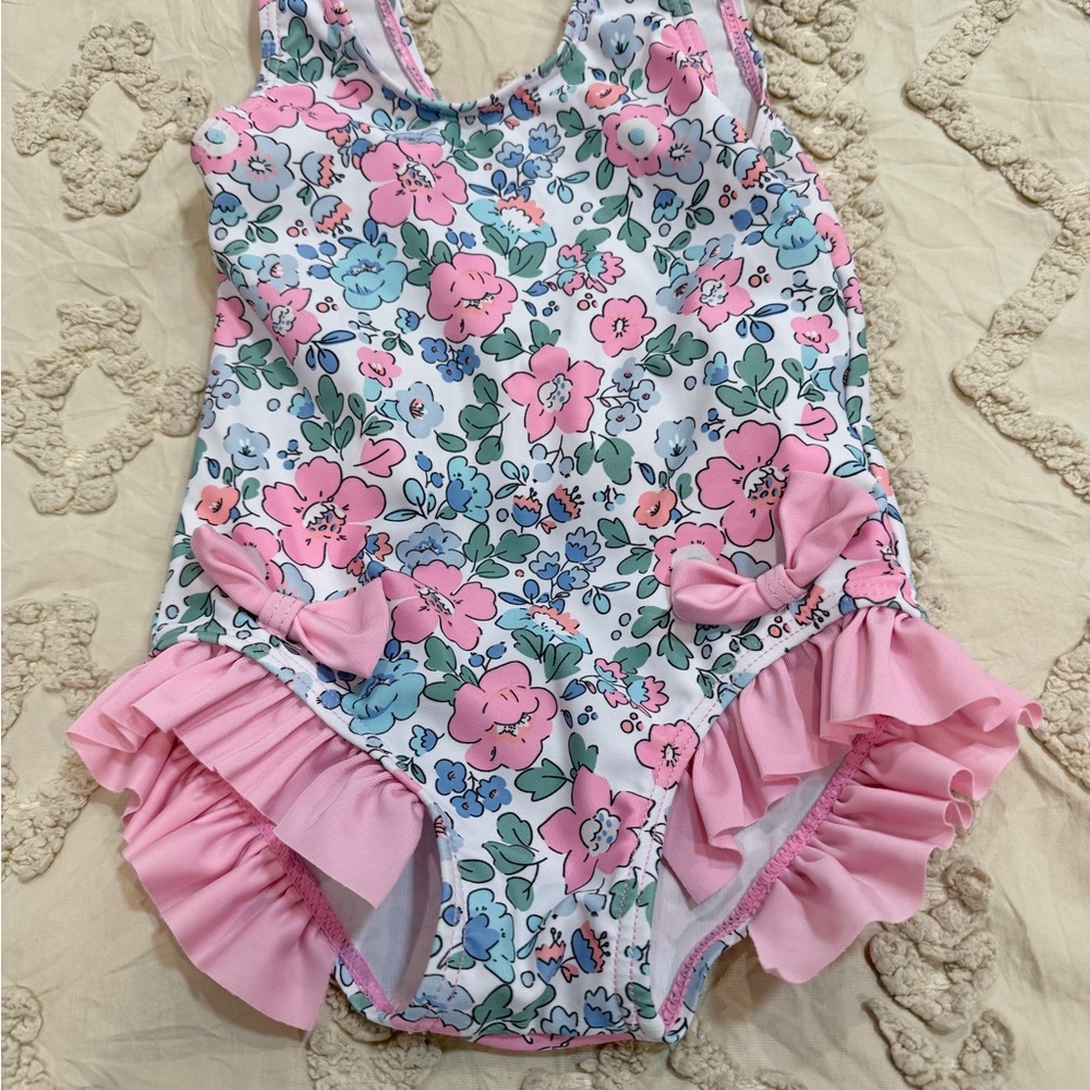 Floral Kids One Piece Swimsuit with Pink and Blue Accents